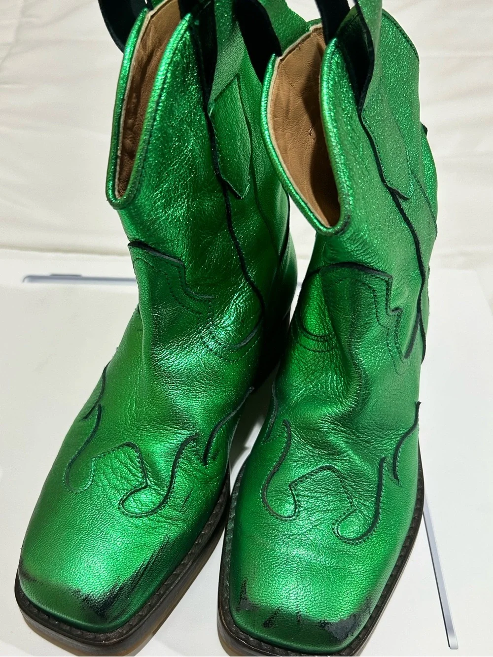 Maison Mangostan Metallic CITRON Green leather Cowboy Boots EU 29 | US 12